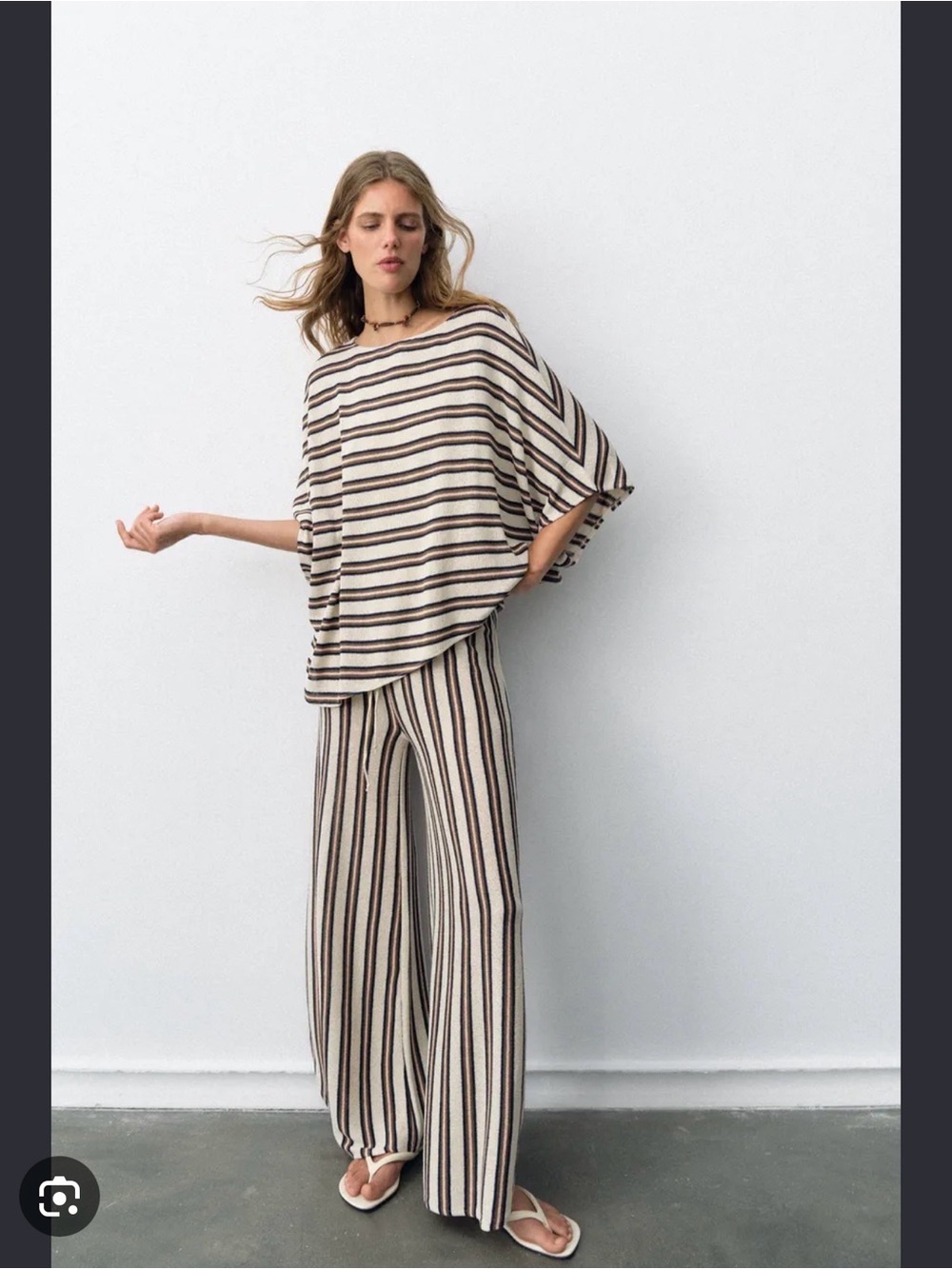 Zara Ivory and Brown Vertical-Stripe Wide Leg Pants + Matching Top